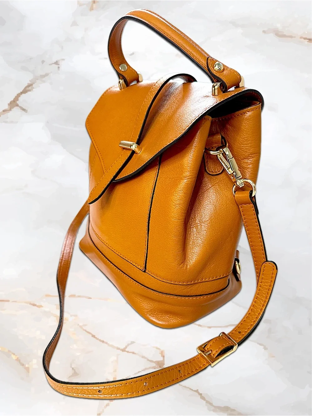 Divina Firenze Italy 3 Way Convertible Leather Backpack Crossbody EUC Cognac Tan